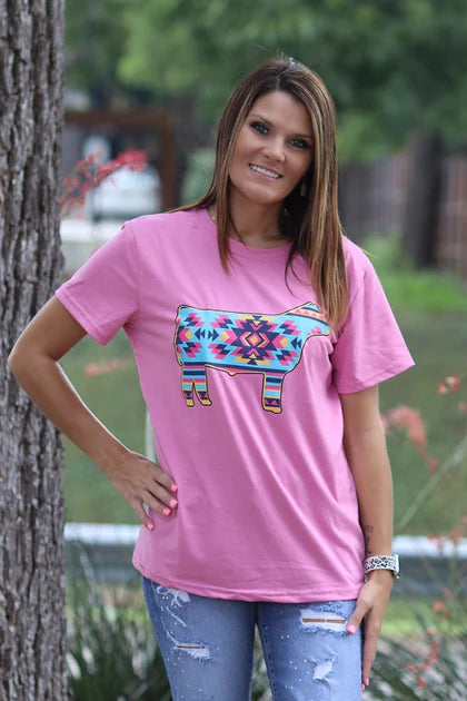 Ladies Pink Aztec Cow Printed Tee