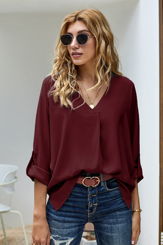 Ladies Wine V Neck 3/4 Sleeve High Low Hem Shirt