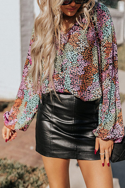 Ladies Multicolor Vibrant Floral Tie V Neck Puff Sleeve Blouse