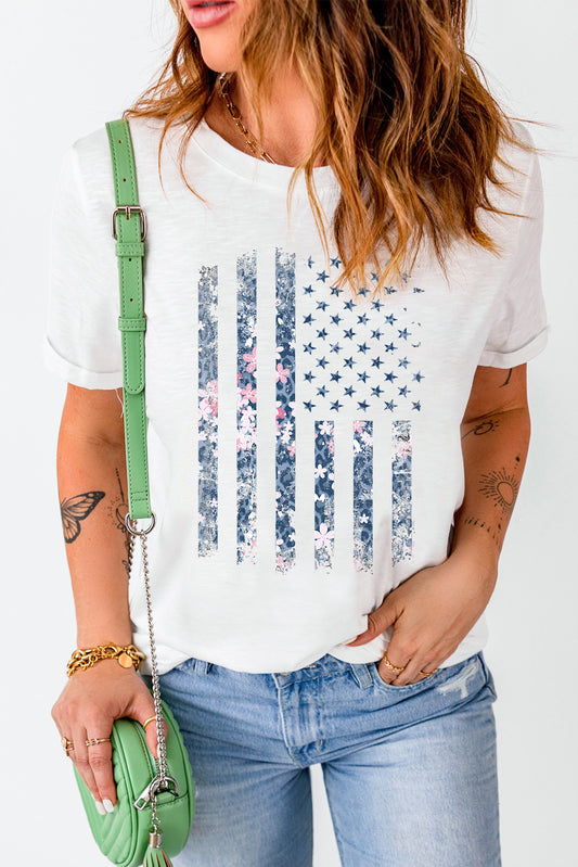 Ladies White Floral American Flag Print Short Sleeve Graphic Tee