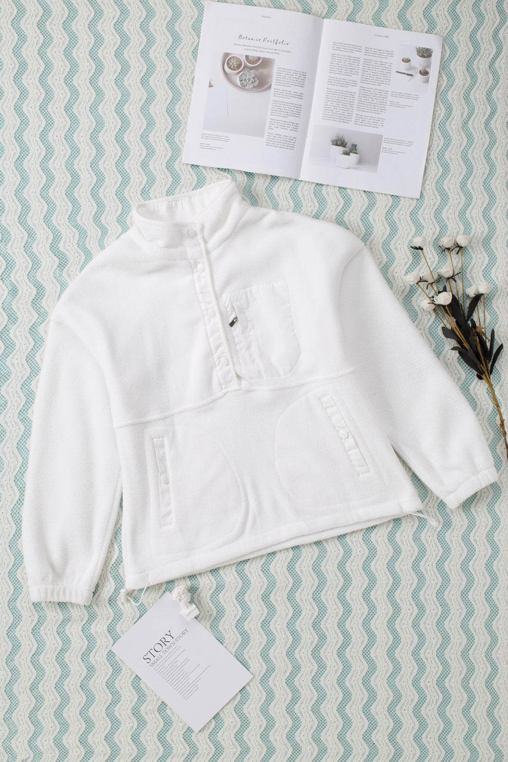 Ladies White Half Button Pocketed Fleece Pullover Sweatshirt