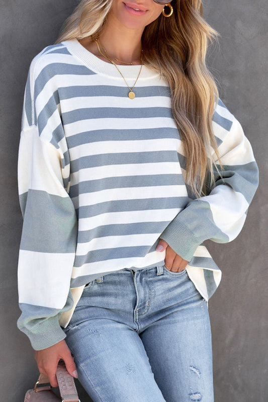 Ladies Stripe Drop Shoulder Striped Pullover Sweatshirt