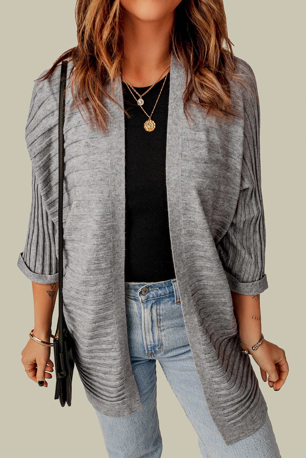 Ladies Gray Ribbed Open Front Knit Cardigan