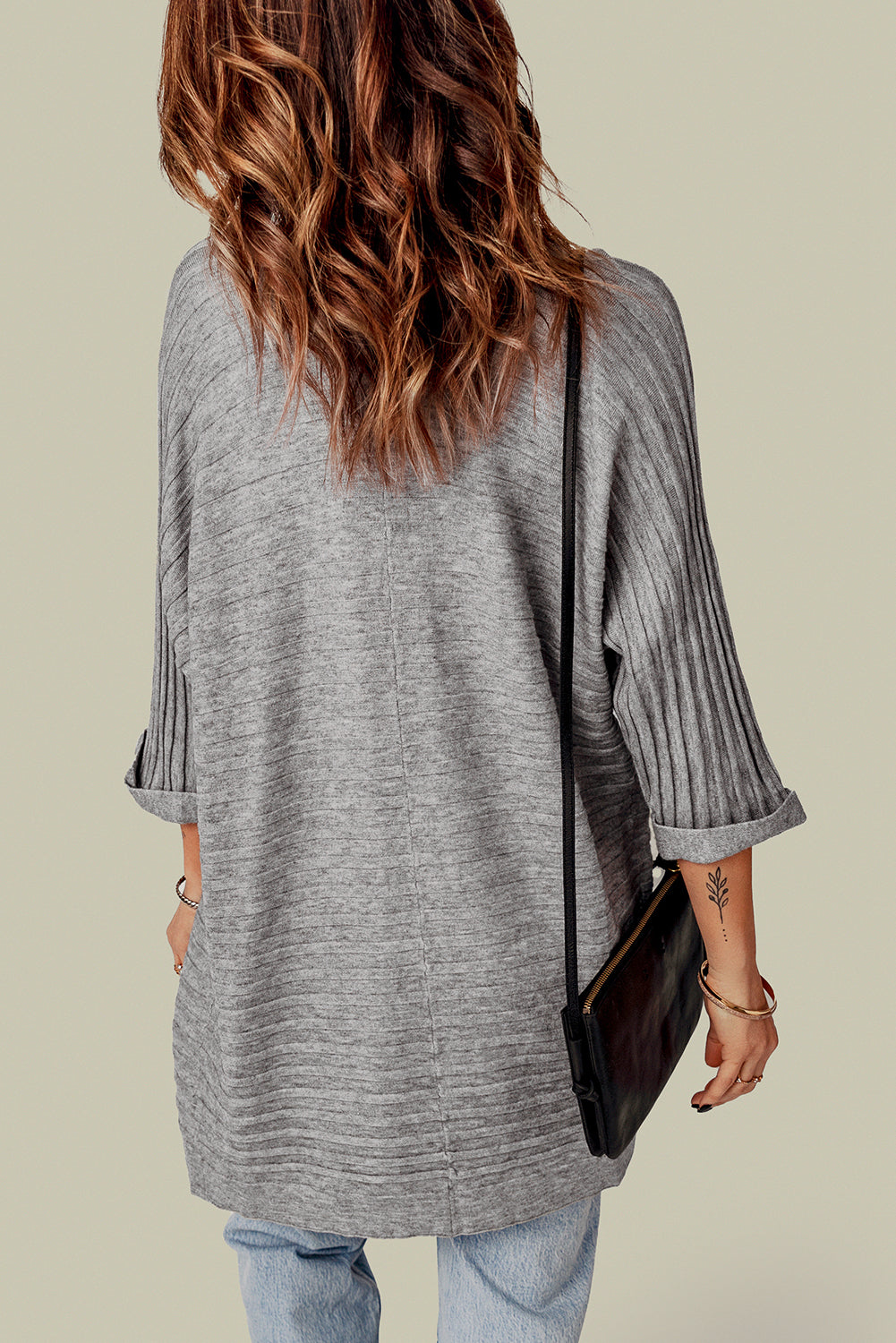 Ladies Gray Ribbed Open Front Knit Cardigan