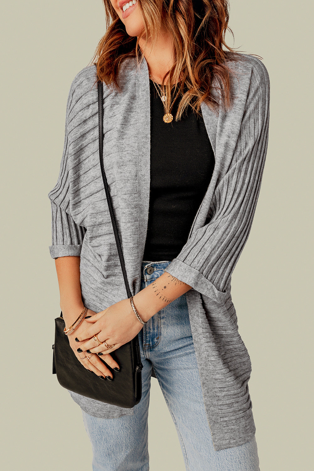 Ladies Gray Ribbed Open Front Knit Cardigan