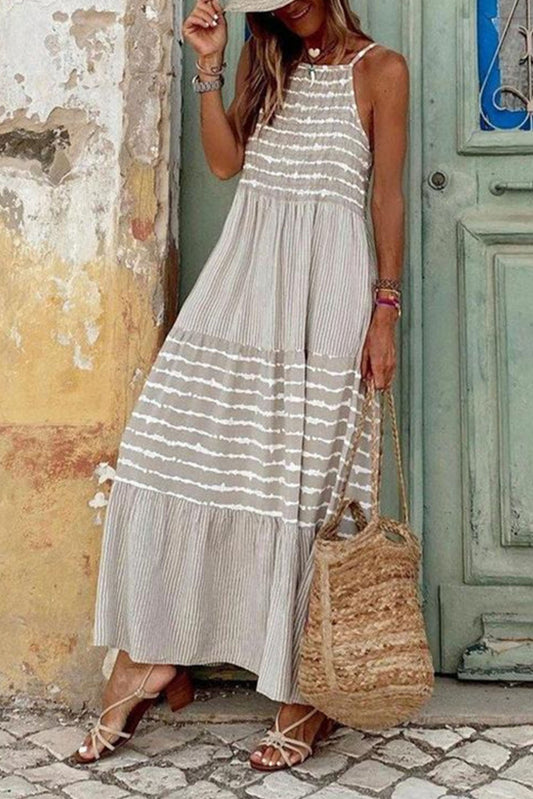 Ladies Gray Striped Spaghetti Strap Long Dress