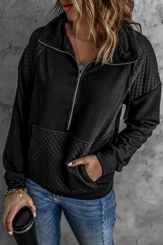 Ladies Black Quilted Patch Half Zipper Sweatshirt