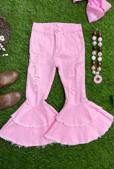 Girls Light Pink Distressed Double Layer Denim Pants