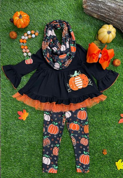 Girls Top With Pumpkin Applique and Tulle Trim w/Pumpkin Leggings and Matching Scarf