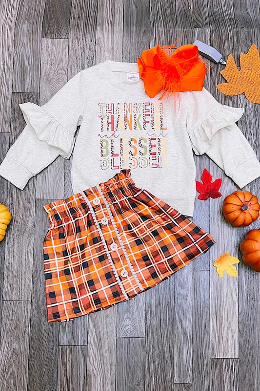 Girls "Thankful & Blessed" Printed Sweatshirt & Orange Plaid Skirt