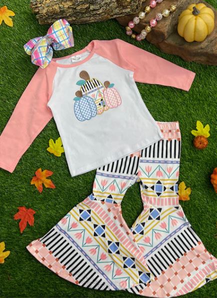 Girls Pumpkin with Multi-Print Top and Multi-Print Bell Pants