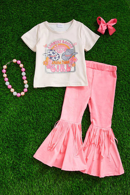 Girls Country Rais Small Town Girl Graphic TShirt With Faux Suede Tassel Bell Bottoms