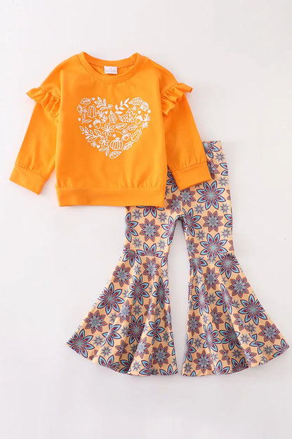 Girls Orange Heart Ruffle Bell Pants Set