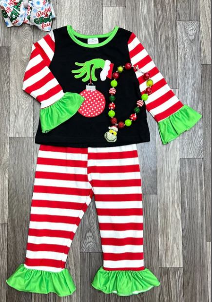 Girls Grinch with Christmas Ball Top & Red/White Striped Leggings