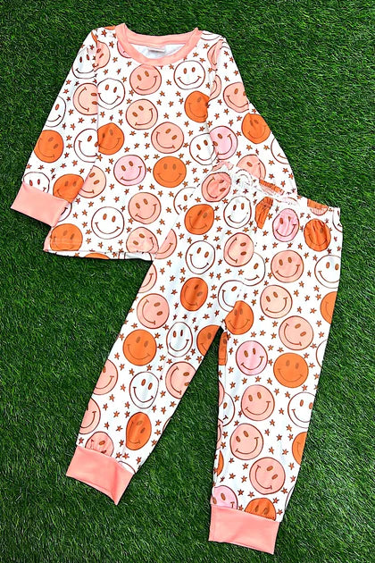 Girls Happy Emoji Coral Trimmed Pajama Set