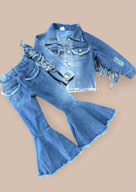 Girls Distressed Denim Pants with Fringe Back Pockets