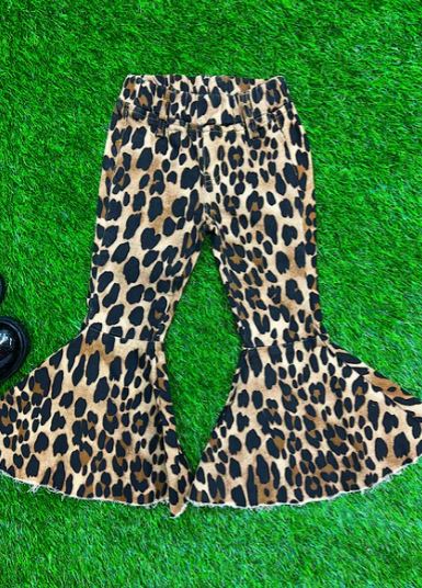 Girls Leopard Printed Denim Bell Bottoms