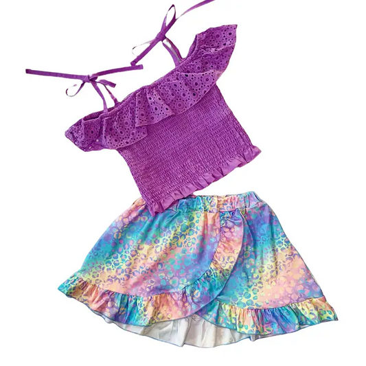 Girls Ann Loren Purple Eyelet Smocked Top and Tie Dye Skirt