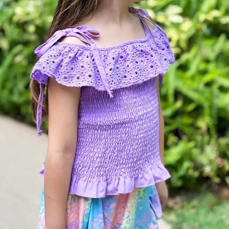 Girls Ann Loren Purple Eyelet Smocked Top and Tie Dye Skirt