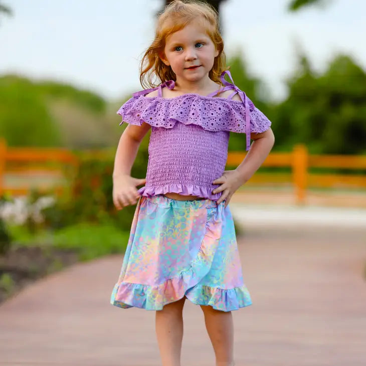 Girls Ann Loren Purple Eyelet Smocked Top and Tie Dye Skirt