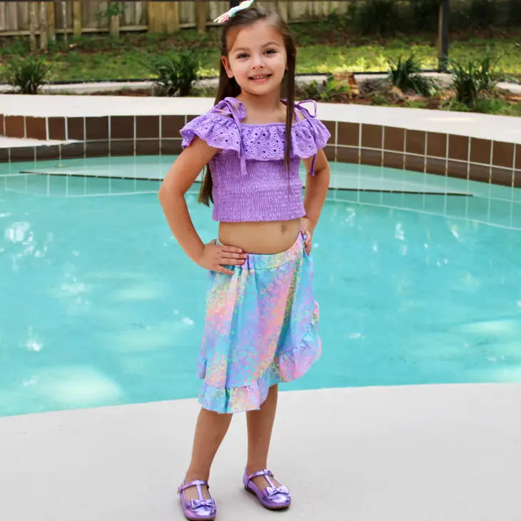 Girls Ann Loren Purple Eyelet Smocked Top and Tie Dye Skirt