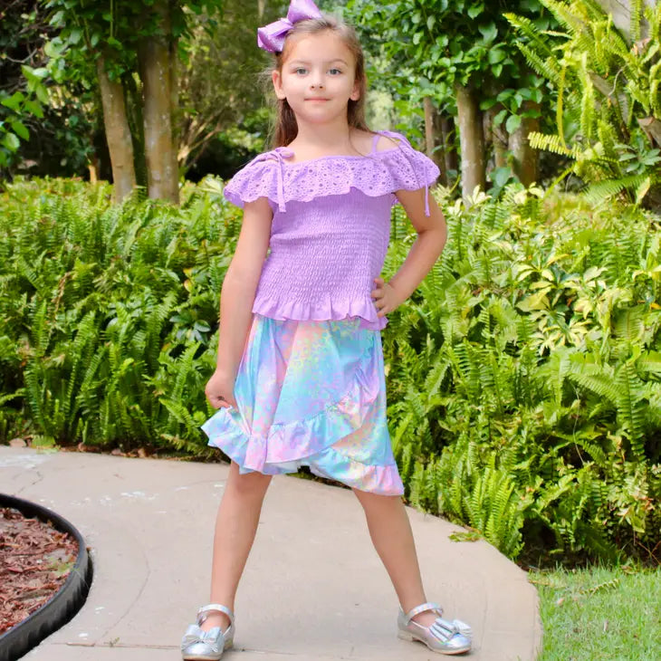 Girls Ann Loren Purple Eyelet Smocked Top and Tie Dye Skirt