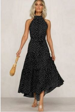 Ladies Polka Dot Sleeveless Long Boho Dress