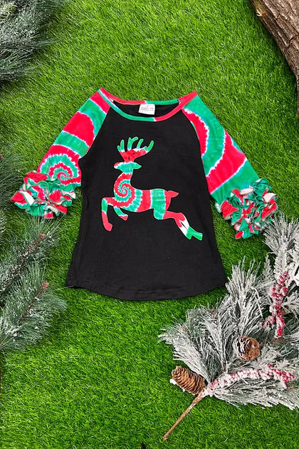 Girls Christmas Tie Dye Deer Printed Raglan Top with Ruffle Sleeves