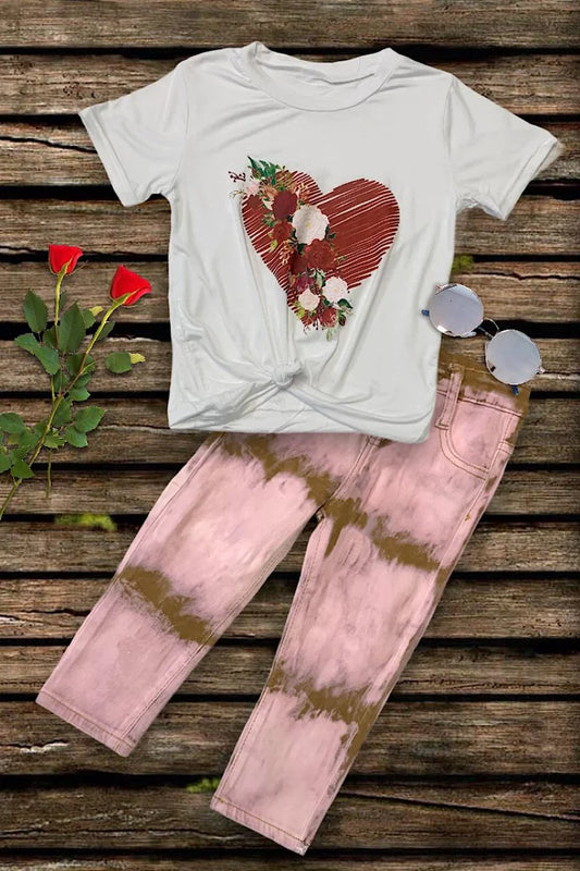 Girls Rose Garland & Heart Print on White T-Shirt