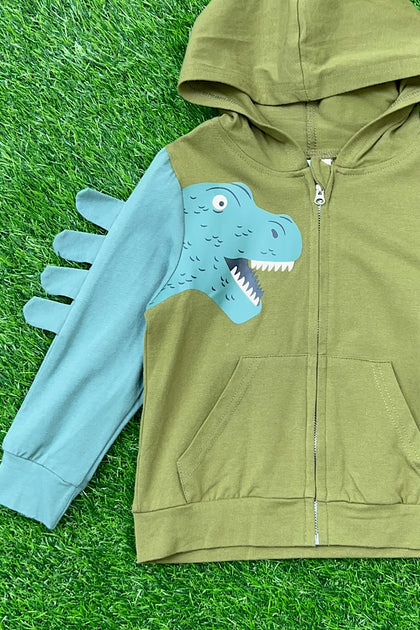 Boys Olive Green T-Rex Zip Up Sweatshirt