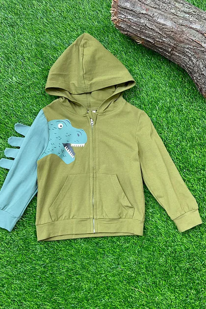 Boys Olive Green T-Rex Zip Up Sweatshirt