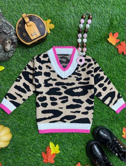 Girls Cheetah Print Sweater with Pink V-Neck