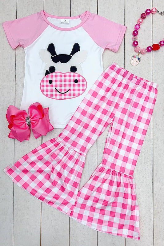 Girls Pink Cow Checker Printed 2-Piece Set