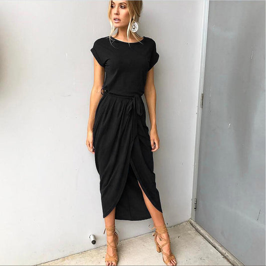 Ladies Casual Summer Robe Short Sleeved Slim Midi Dress-Black