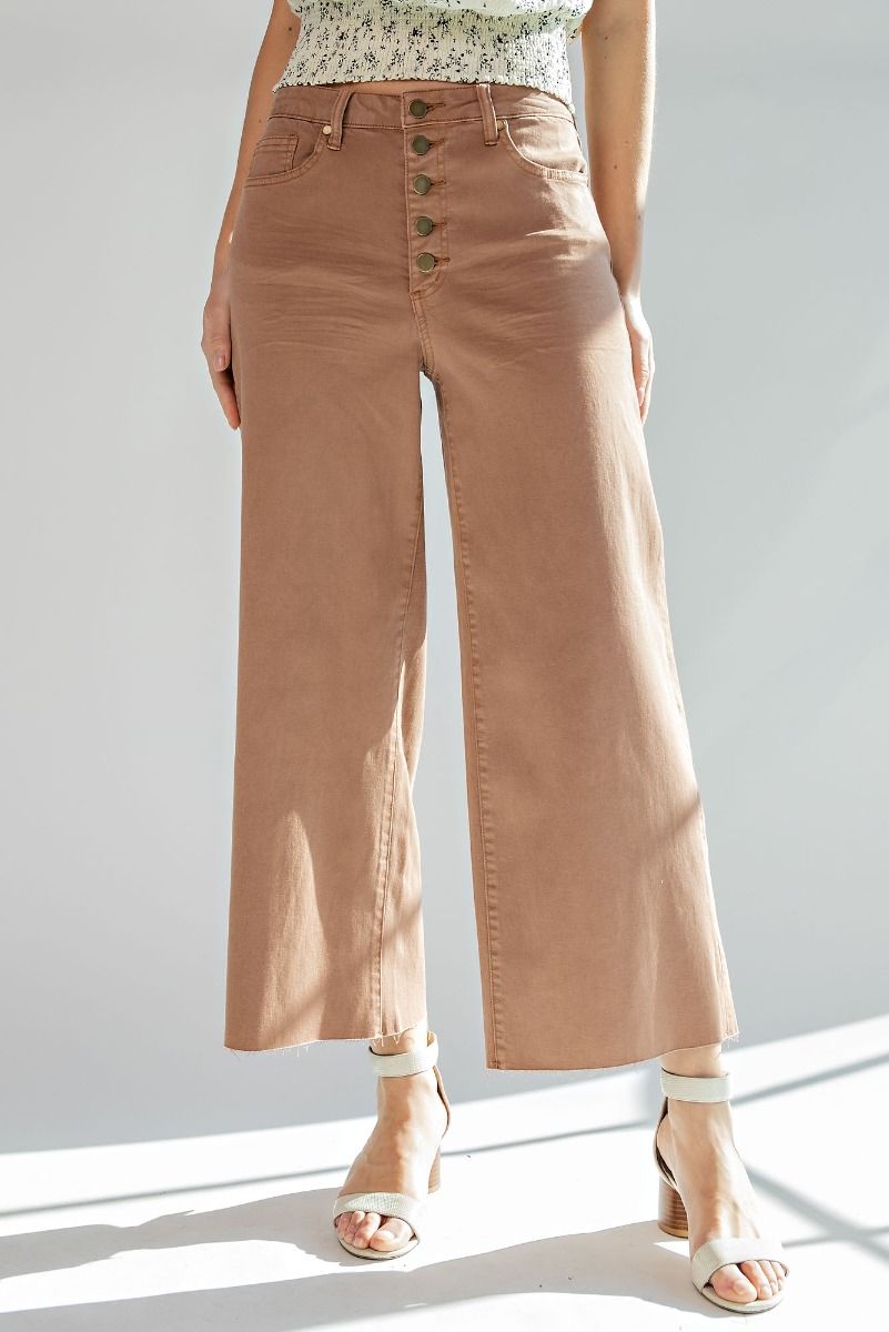 Ladies Easel Button Front Wide Leg Twill Trousers