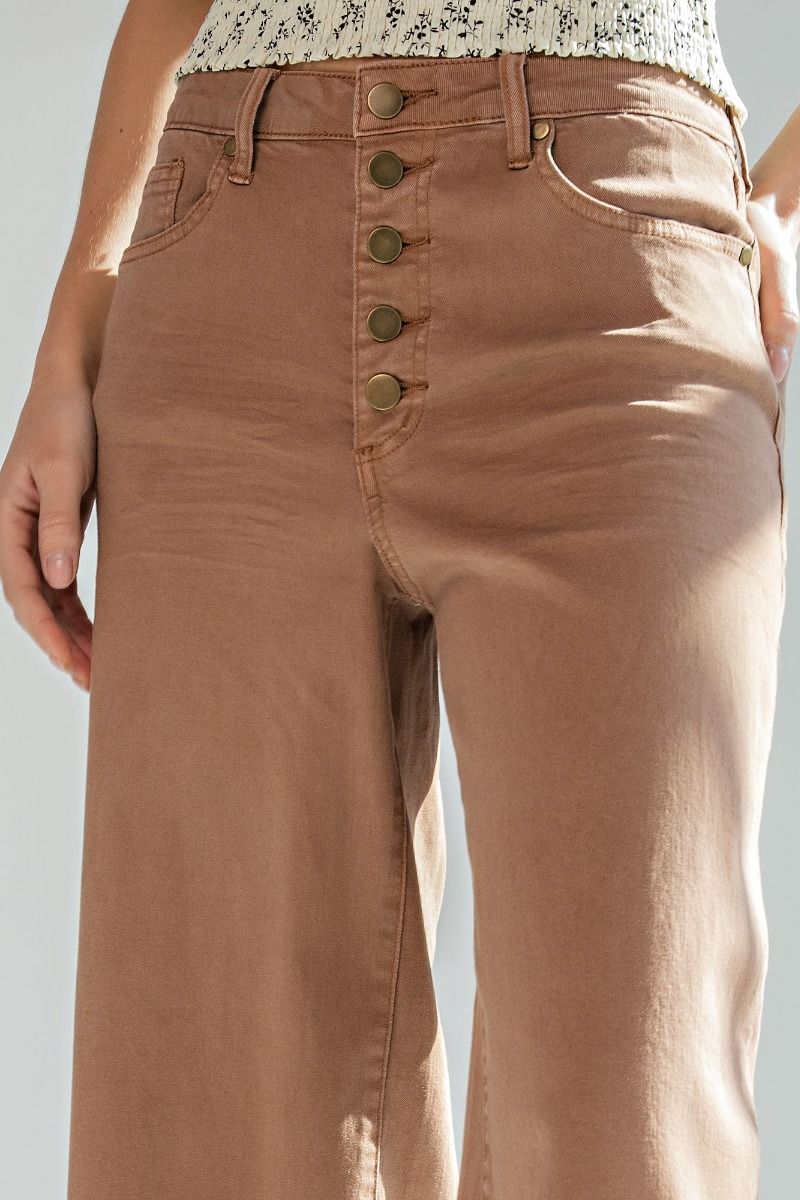 Ladies Easel Button Front Wide Leg Twill Trousers